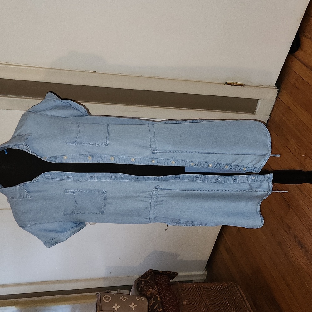 Light Blue Denim Shirt Midi Dress - Casual Button-Front